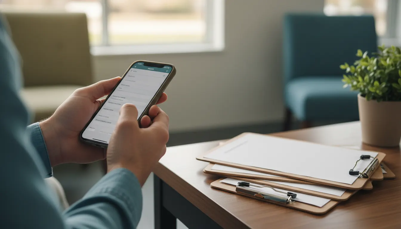 Mobile intake form on a phone next to an Open Dental patient record showing the same fields auto-populated