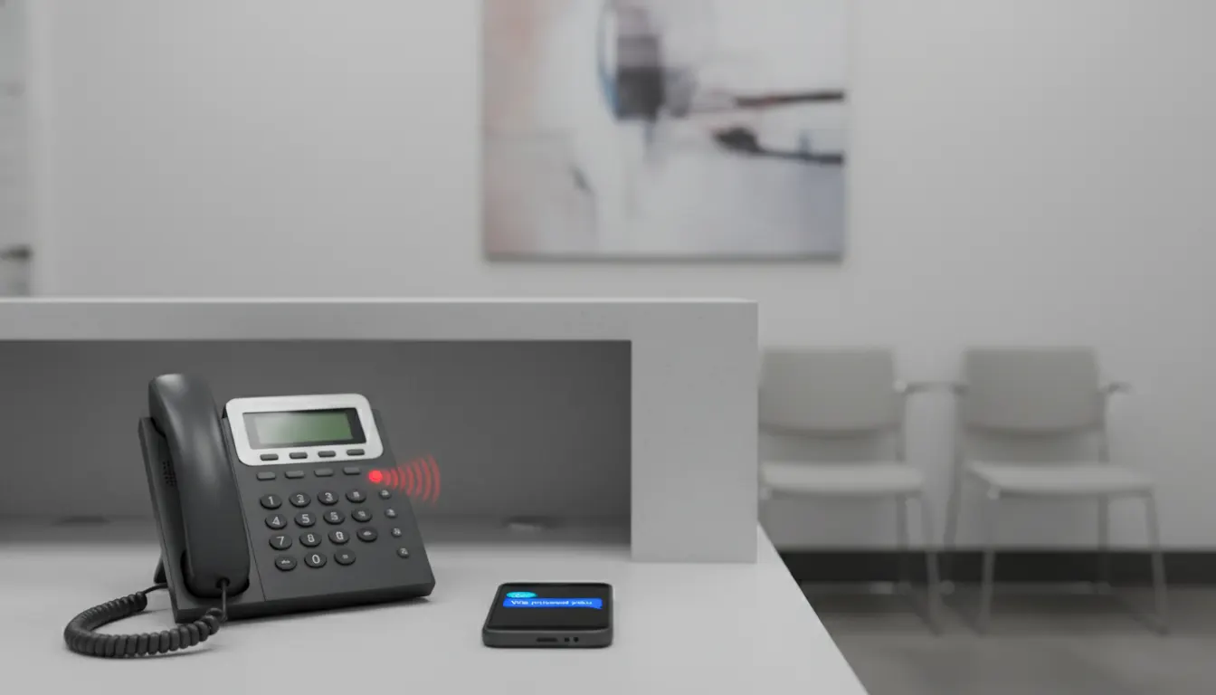 Front desk view of a dental practice phone log showing missed calls being answered by SMS and dropped into a callback queue