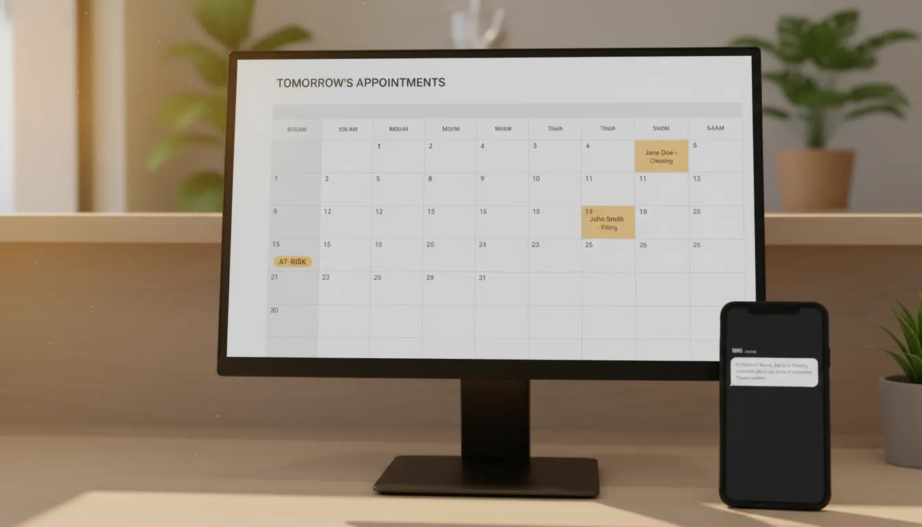 Front desk view of a dental practice schedule with two open slots being refilled from a recall list