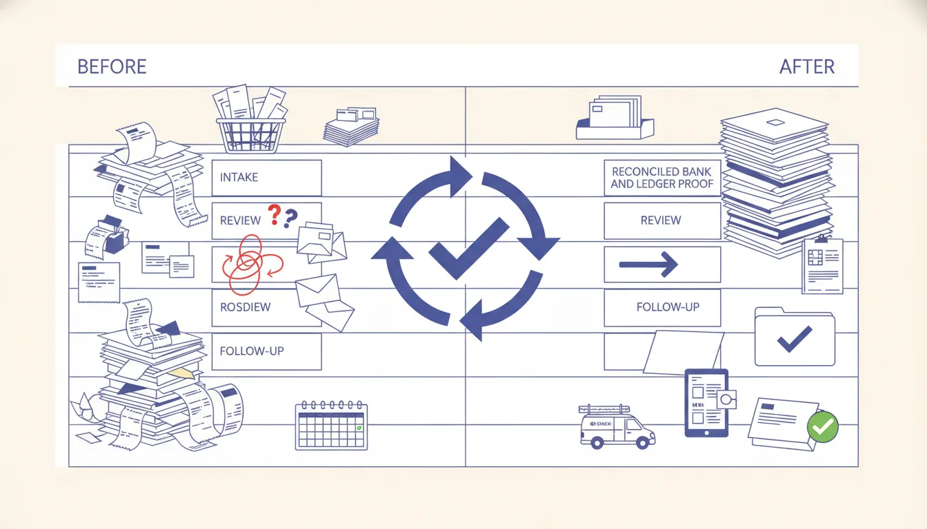 Source document and reconciled ledger proof connected by a visible circular verification path