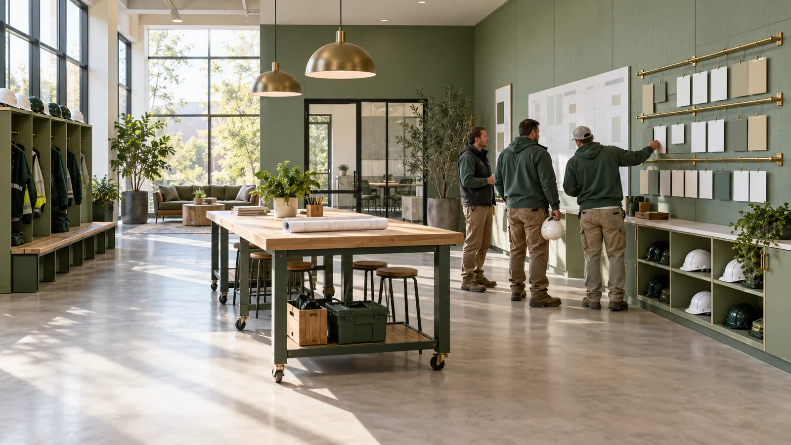 A bright sage green project room with tall windows shows three crew members in forest green jackets conferring beside a wall schedule and brass priority rails, with hard hats and site gear neatly stored around the open w