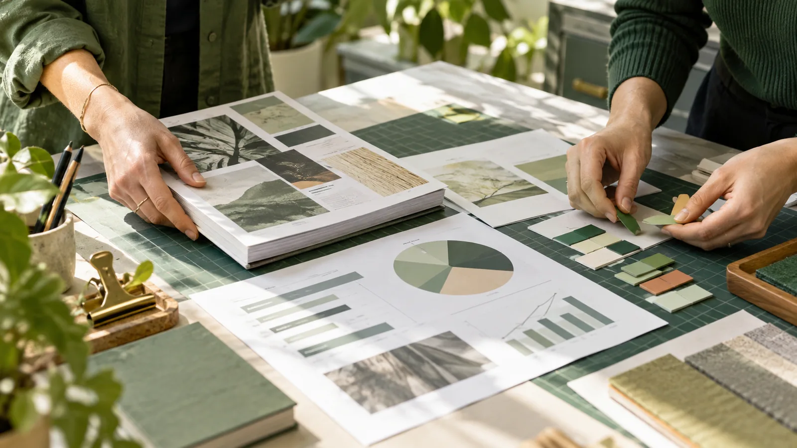 Two pairs of hands work over sage green production materials, sliding a bound content sample beside printed charts while sorting color-coded tabs in bright window light.
