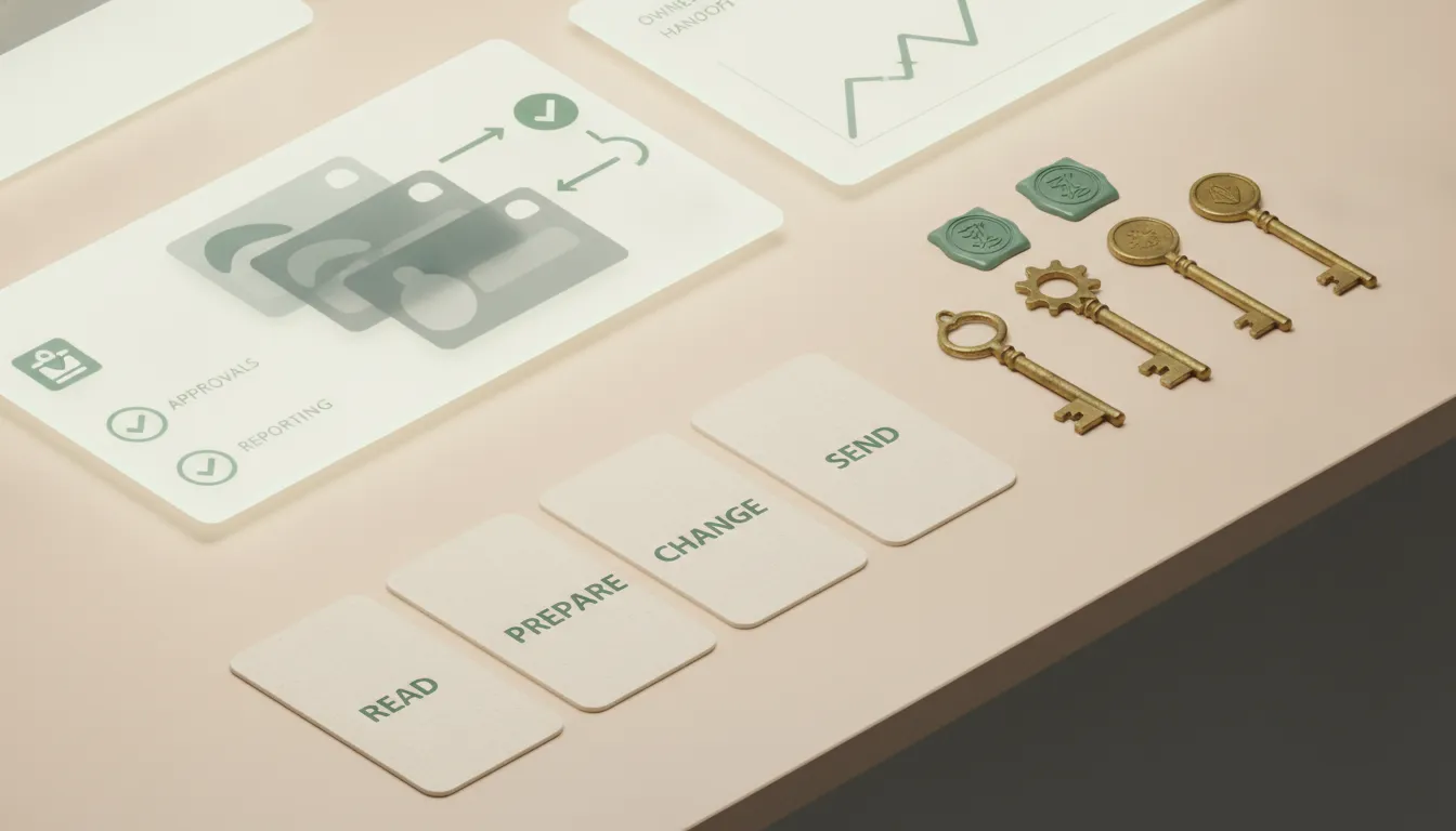 A set of physical authority cards separates read, prepare, approve, change, send, and spend permissions beside sealed tool keys