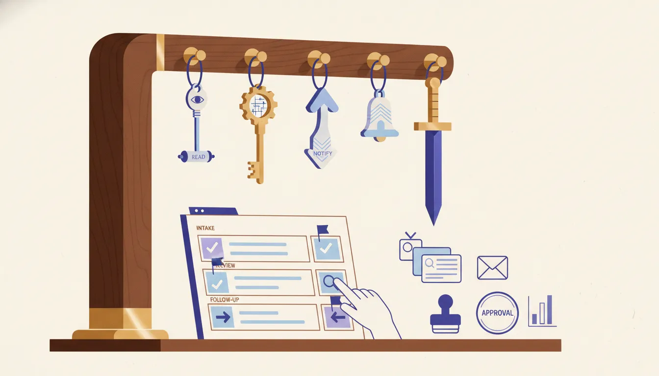 A physical authority key rack with separate keys for reading, preparing, recommending, notifying, and acting