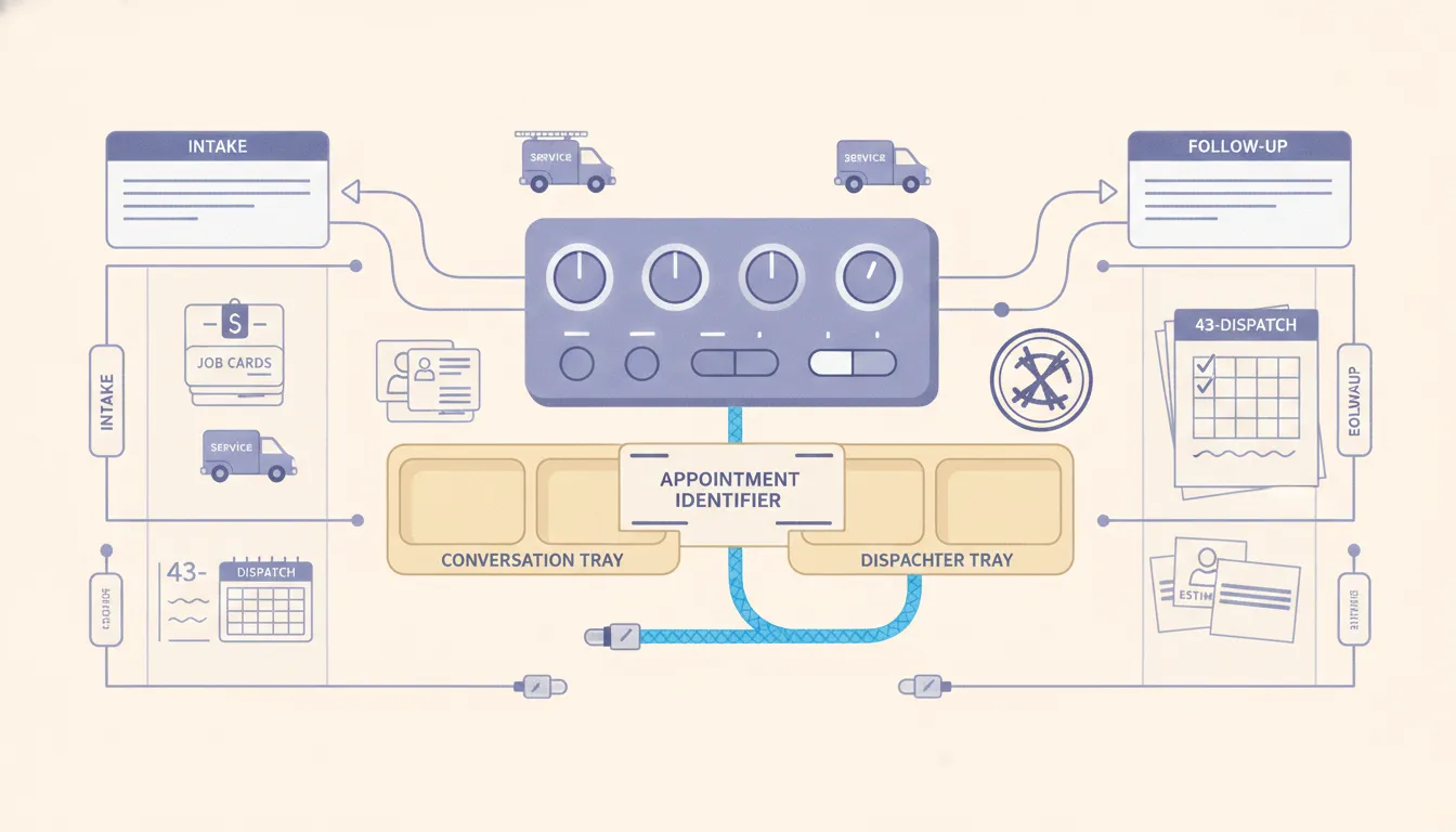 A relay-style handoff bench catches an appointment identifier before it falls between a conversation tray and a dispatcher tray