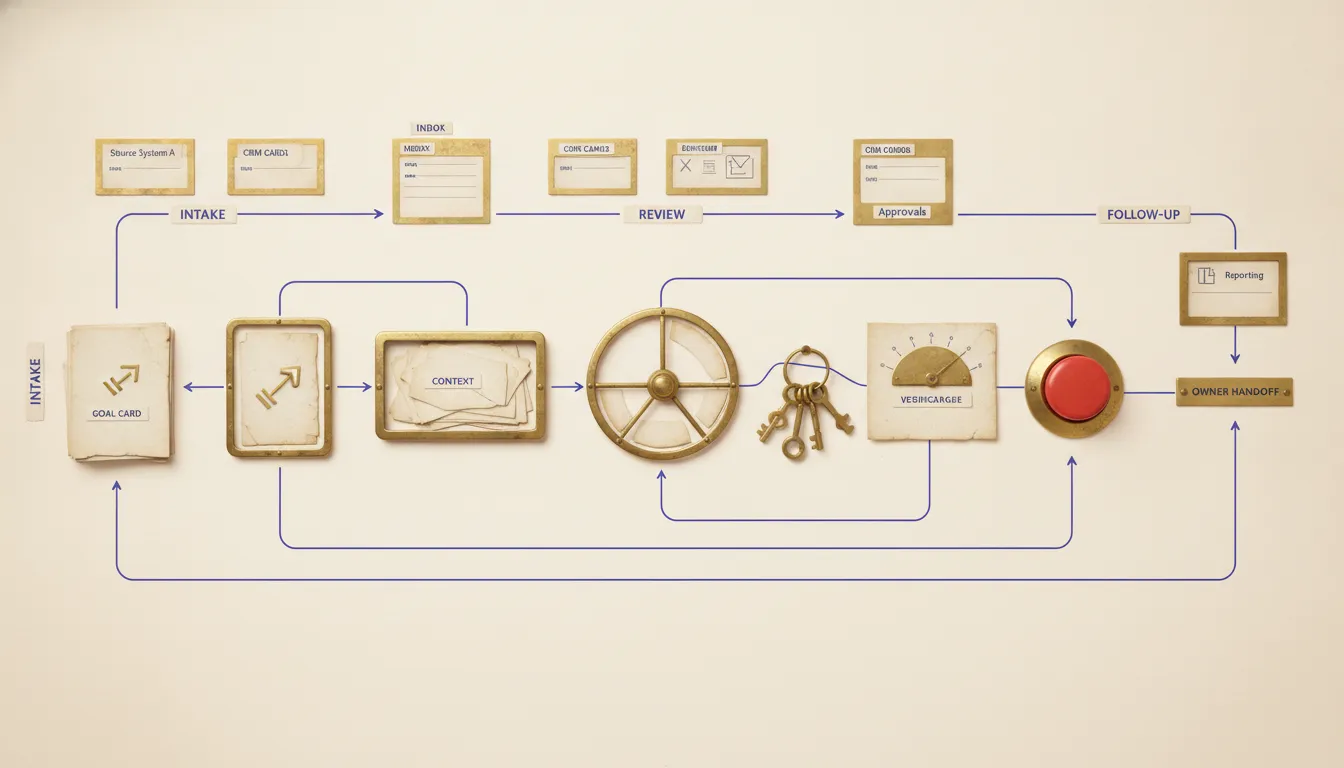 An operator workbench disassembles an AI agent into a goal card, context tray, decision wheel, tool keys, verification gauge, and stop control