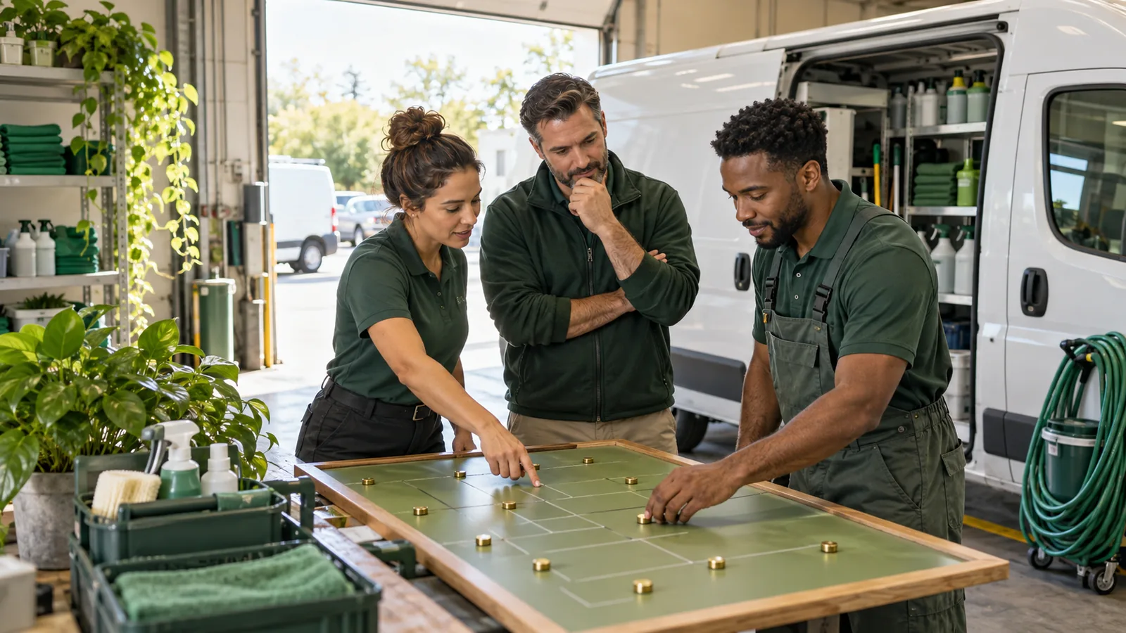 A cleaning company owner and two colleagues review a sage-green route board beside a white service van in a bright loading bay while moving brass markers among neatly stored supplies.