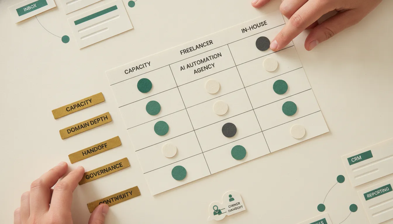 A physical procurement scorecard compares agency, freelancer, and in-house delivery across capacity, depth, handoff, governance, and continuity