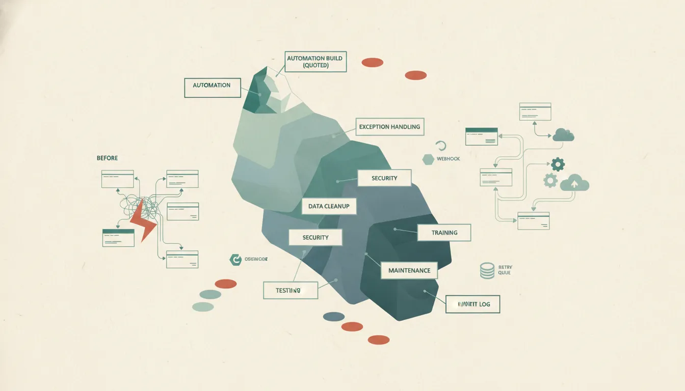 An iceberg cutaway showing data cleanup, testing, security, training, and maintenance below the quoted automation build