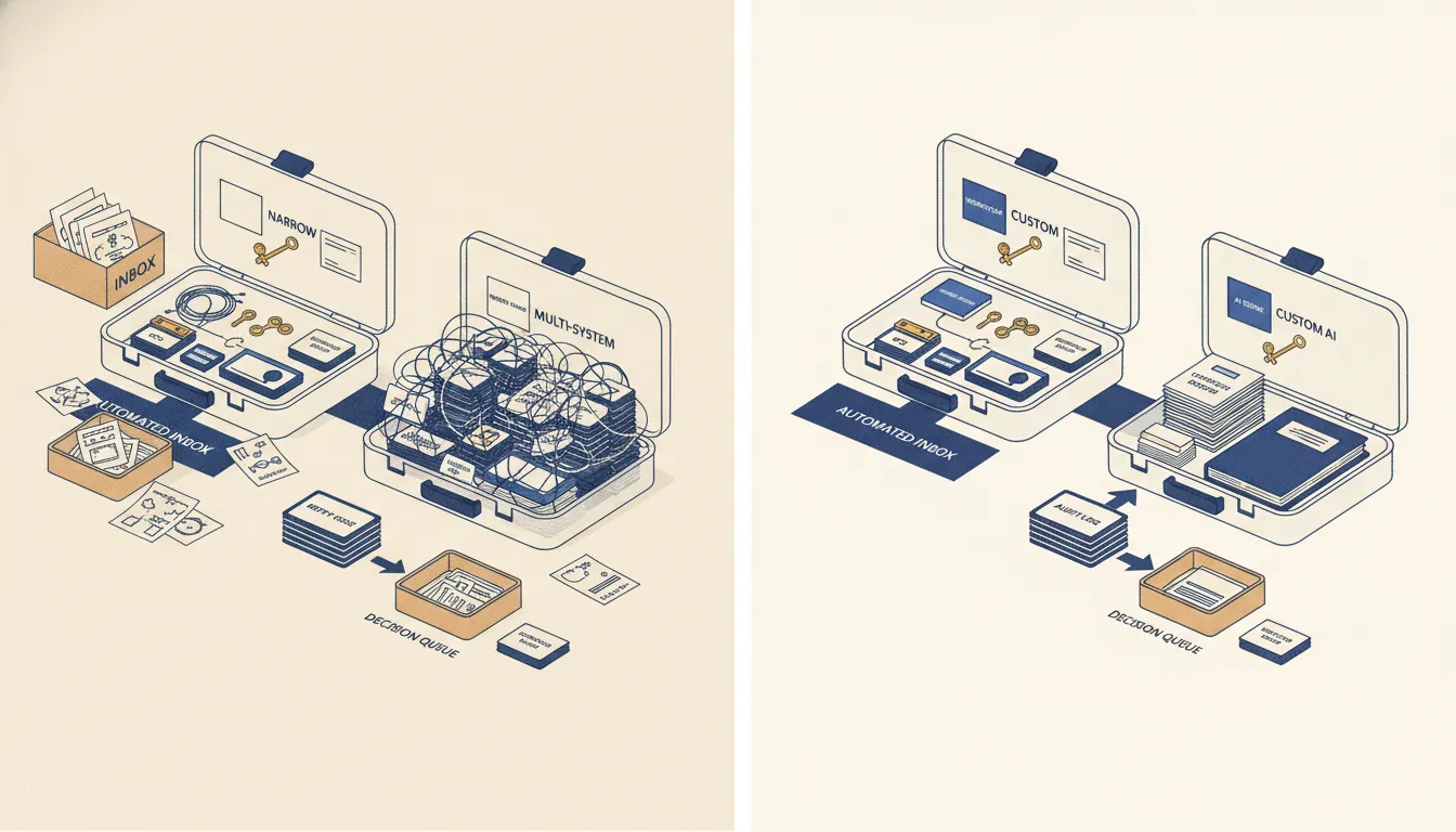 Three workshop cases showing narrow, multi-system, and custom AI application scope