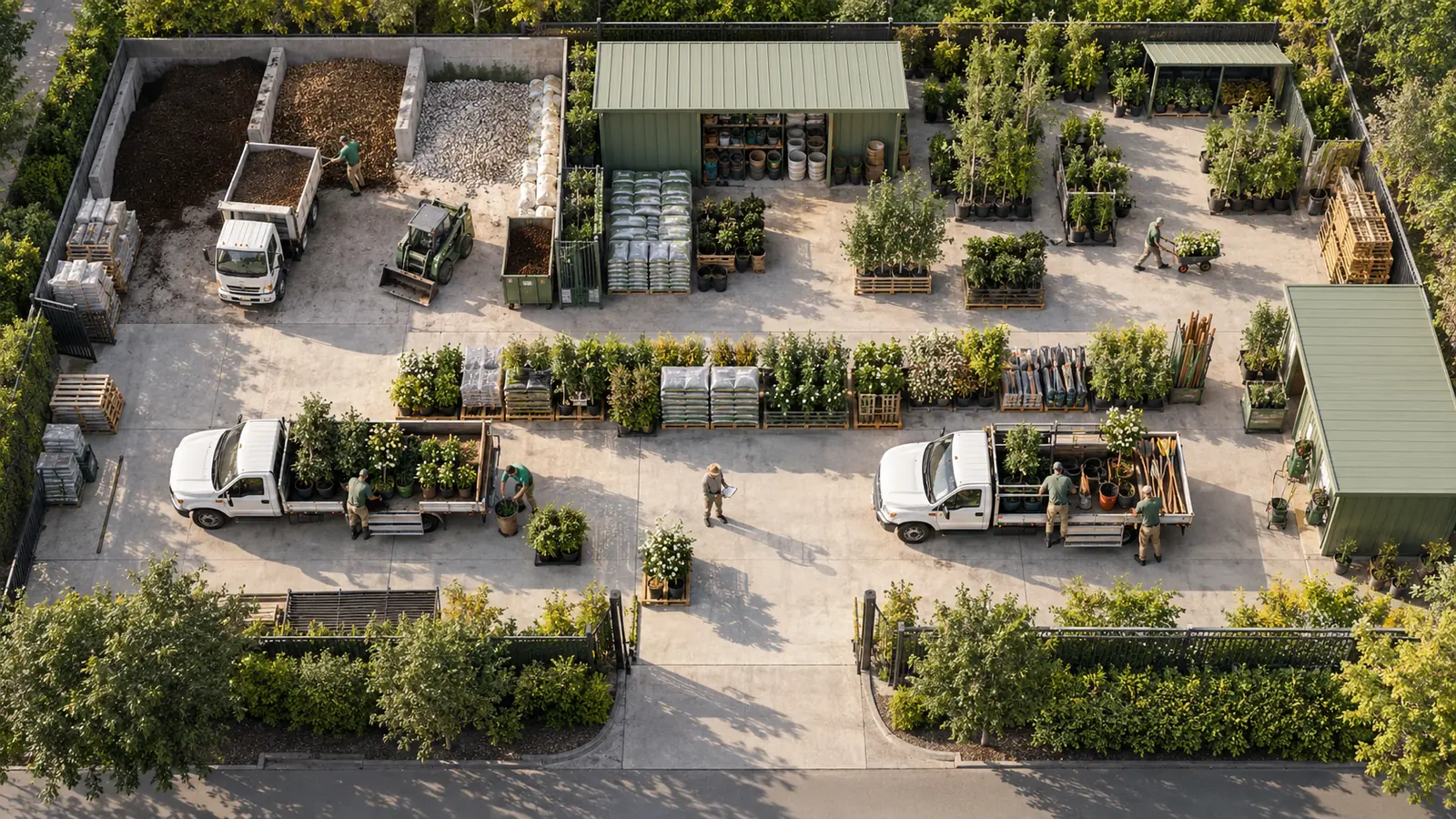 A drone view shows an organized landscaping depot at sunrise with sage sheds, staged plants and pallets, two crews loading white trucks, and a foreman checking the handoff in the center lane.