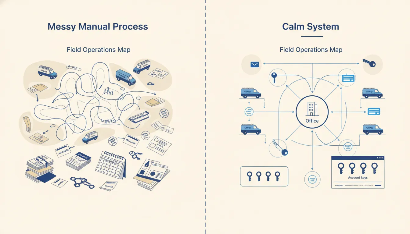 A small-business owner compares automation service options using work orders, approval cards, account keys, and proof stamps