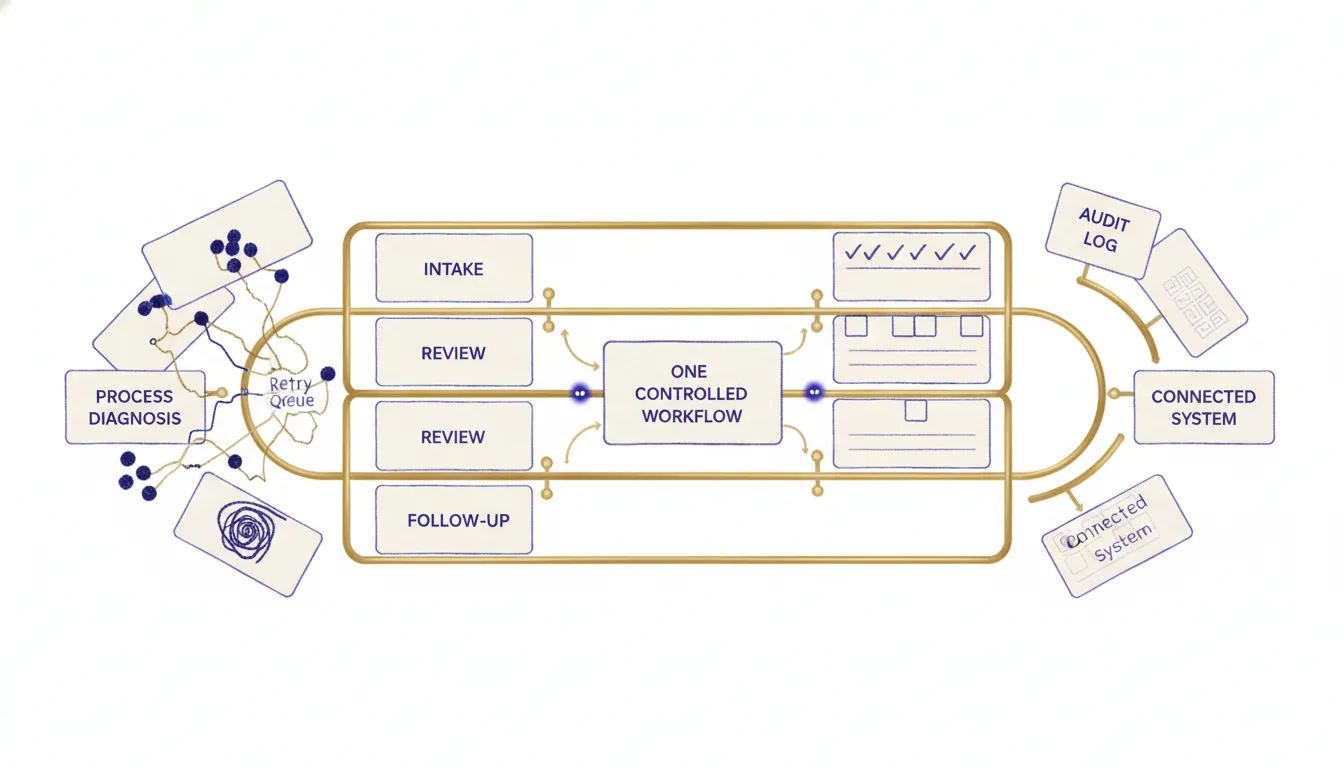 A physical service ladder moves from process diagnosis to one controlled workflow, then to a wider operating system
