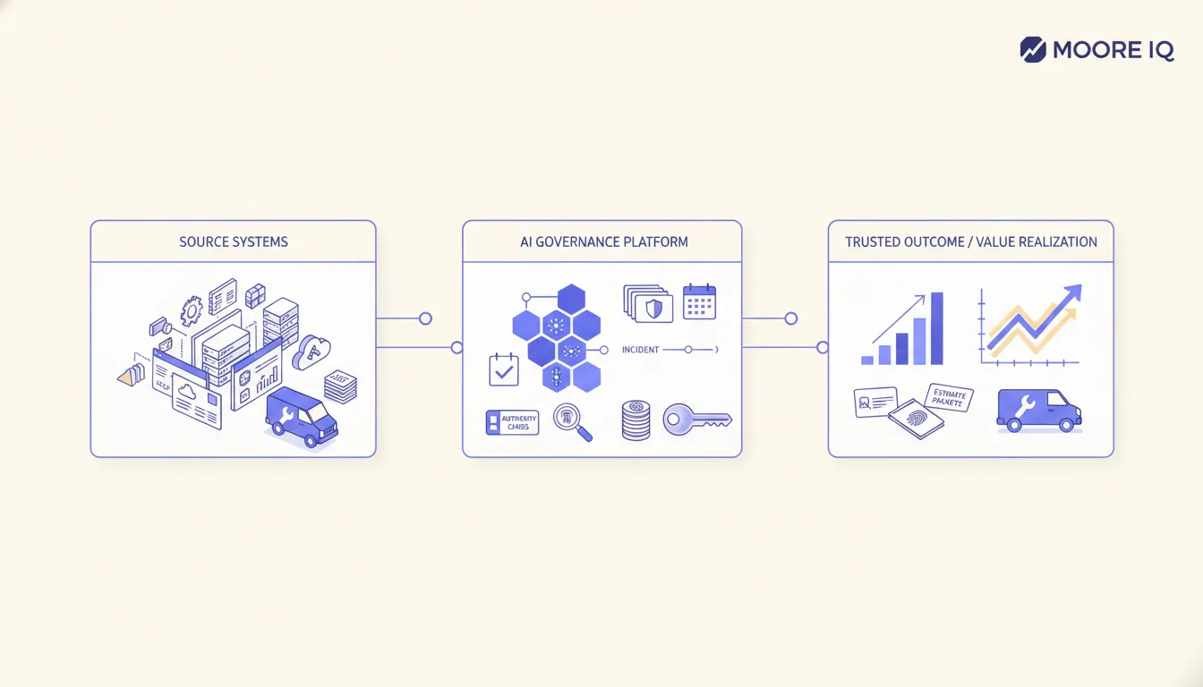 A physical AI governance field kit with authority cards, an incident timeline, evidence stamps, and a permissions key arranged for an operator review