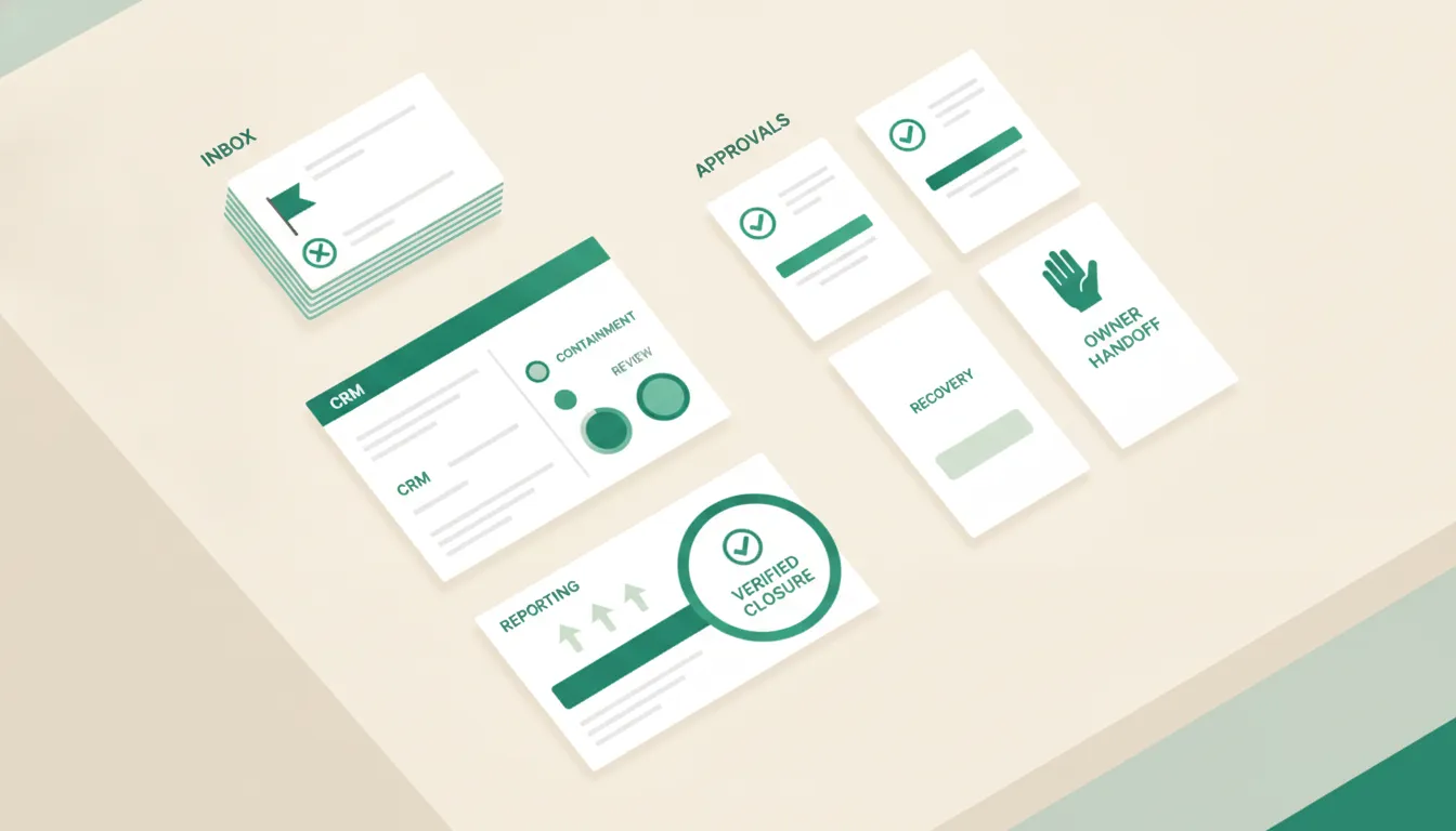 A physical incident evidence table shows a failed AI action moving through detection, containment, owner review, recovery, and verified closure