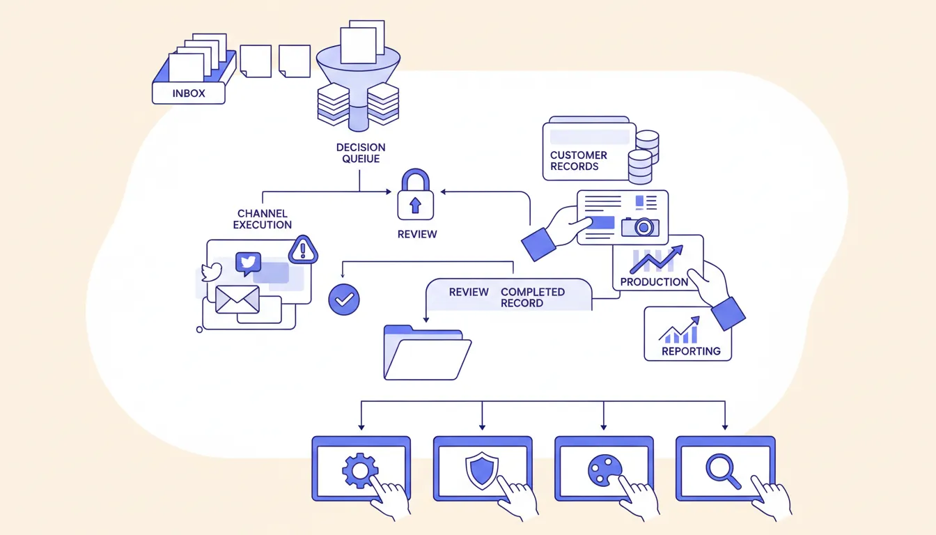 A tabletop control map separating channel execution, customer records, creative work, and reporting with one owner card at each boundary