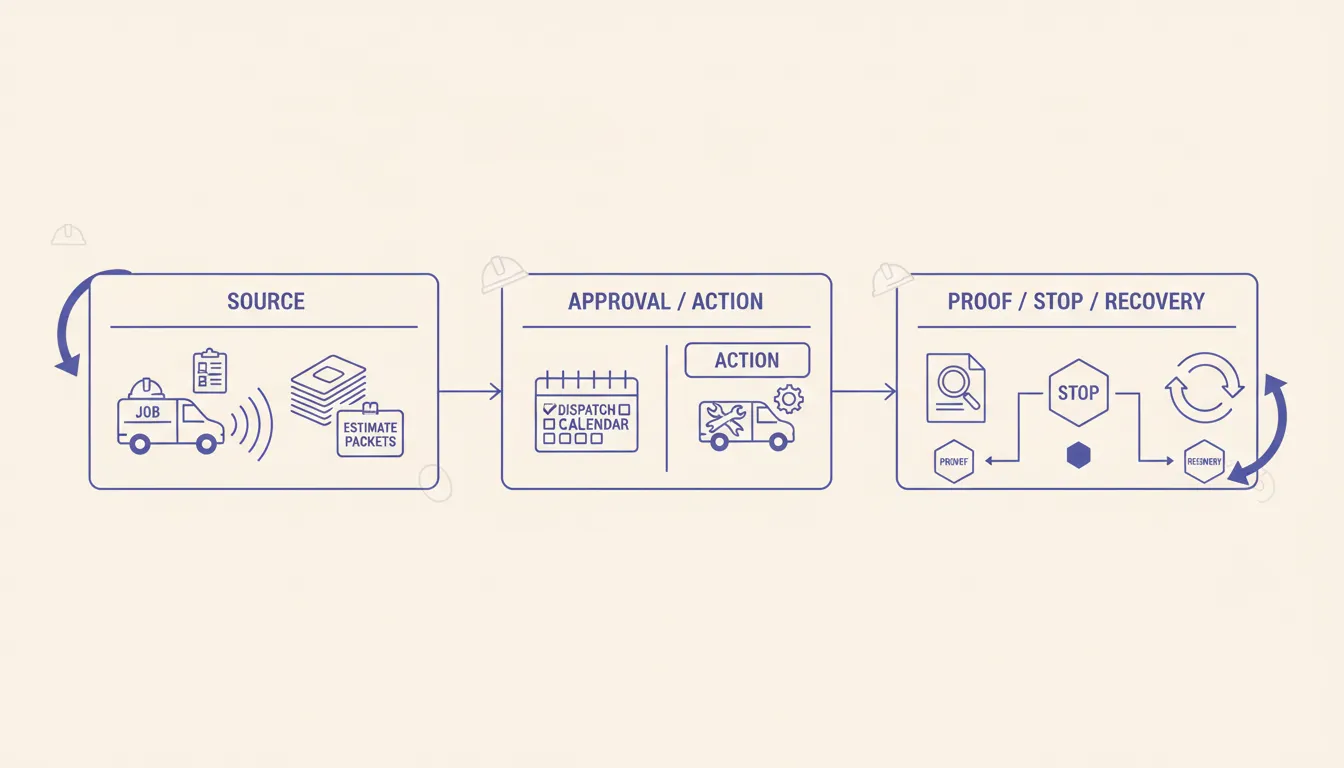 A campaign test bench with one live lead card moving through source, approval, action, and proof stations while unused tool boxes remain closed