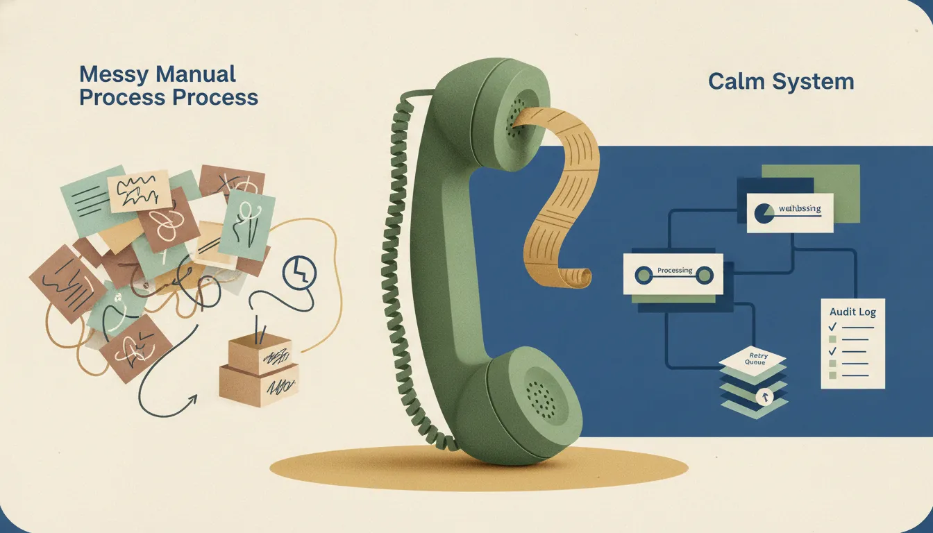 A telephone handset turns a caller's sound into a handoff ticket, separating answering from completing the next step.