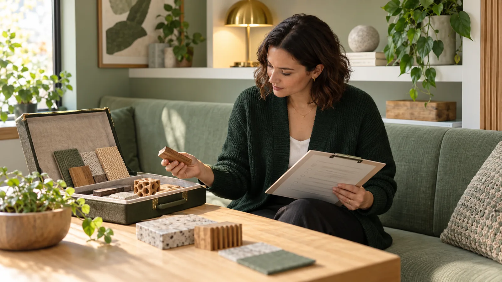 A recruiter in a forest green cardigan studies hands-on work samples beside an open sample case in a sage green portfolio alcove lit by soft afternoon window light.
