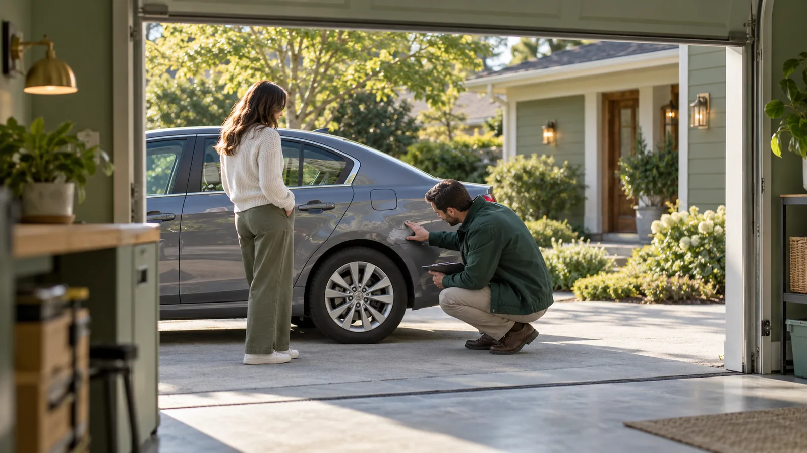 An appraiser in a deep green jacket inspects a paint repair beside a used sedan's rear wheel while the owner waits in a sunlit sage-green driveway framed by an open garage doorway.