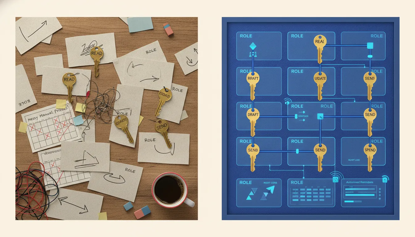 A tabletop AI workflow permission board with brass keys for read, draft, update, send, and spend assigned to named operating roles