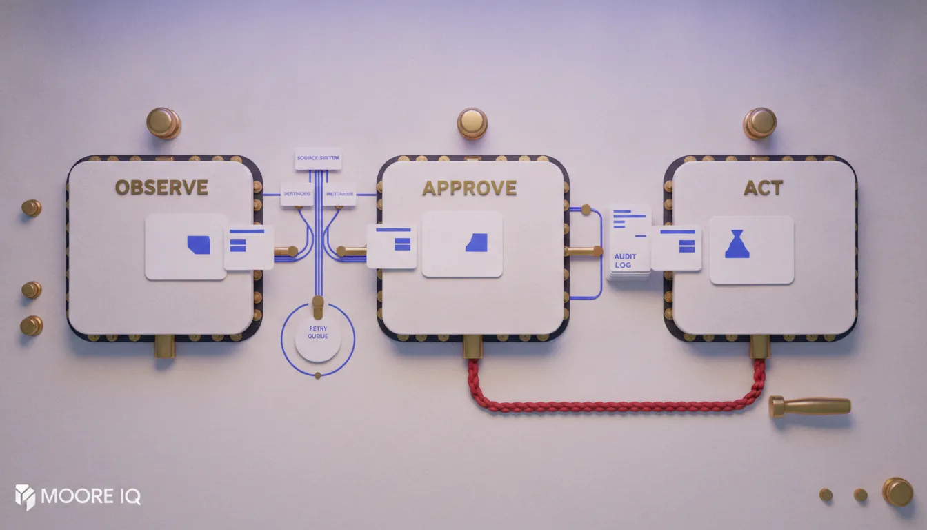 An overhead AI workflow automation control bench with physical job cards moving through observe, approve, and act gates beside a red stop cord