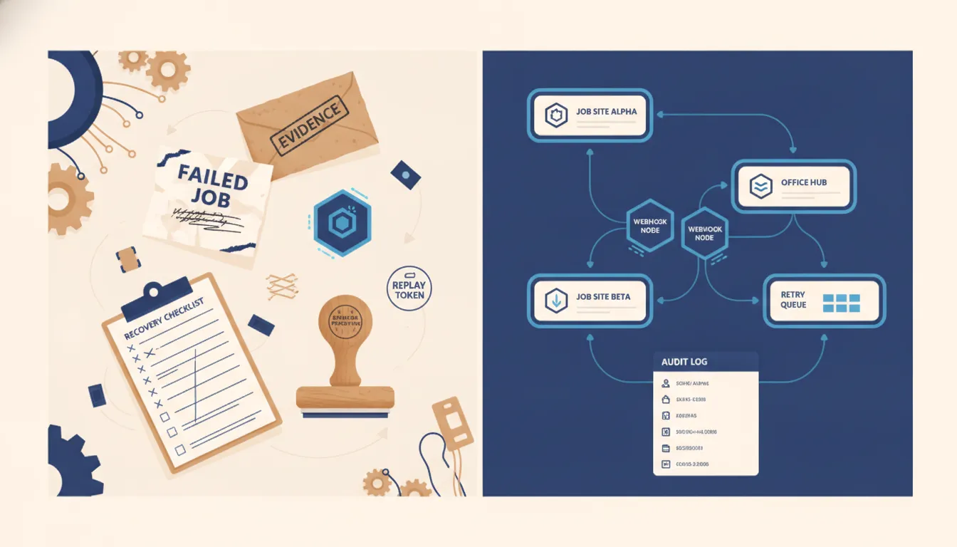 A workflow recovery workbench with a failed job card, evidence envelope, replay token, and operator checklist for safe repair