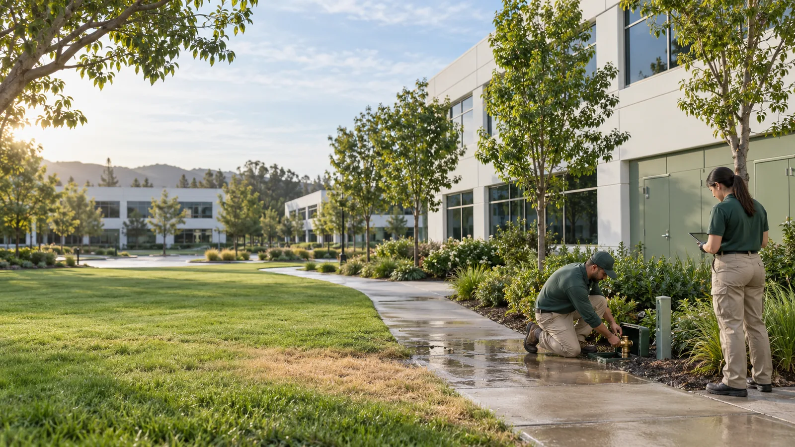 A wide morning view of a clean office park shows two facilities workers near a damp sidewalk repairing and checking an irrigation valve beside a dry patch of lawn.