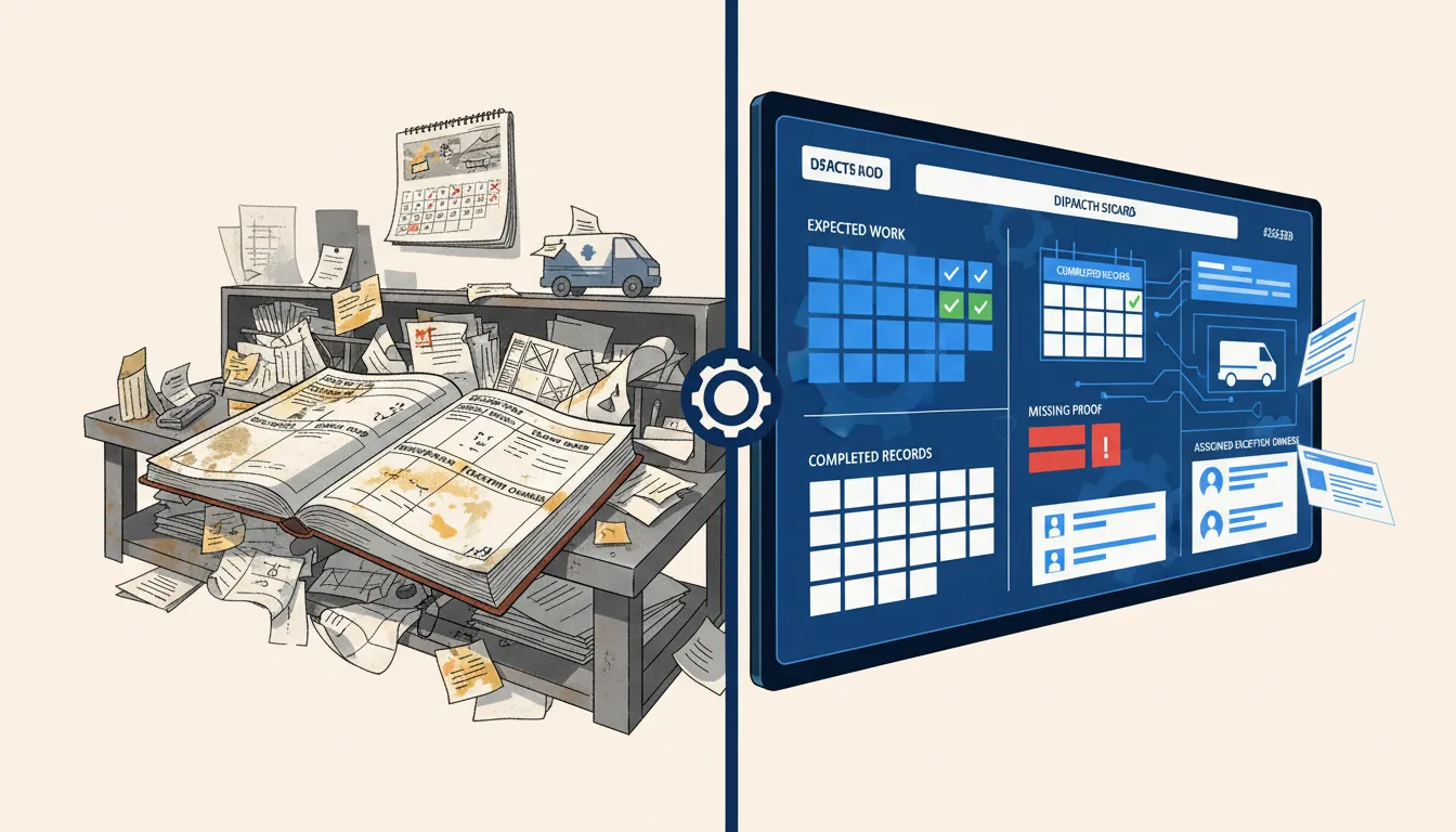 Steel maintenance workbench holding an evidence ledger with expected work, completed records, missing proof, and named exception owners