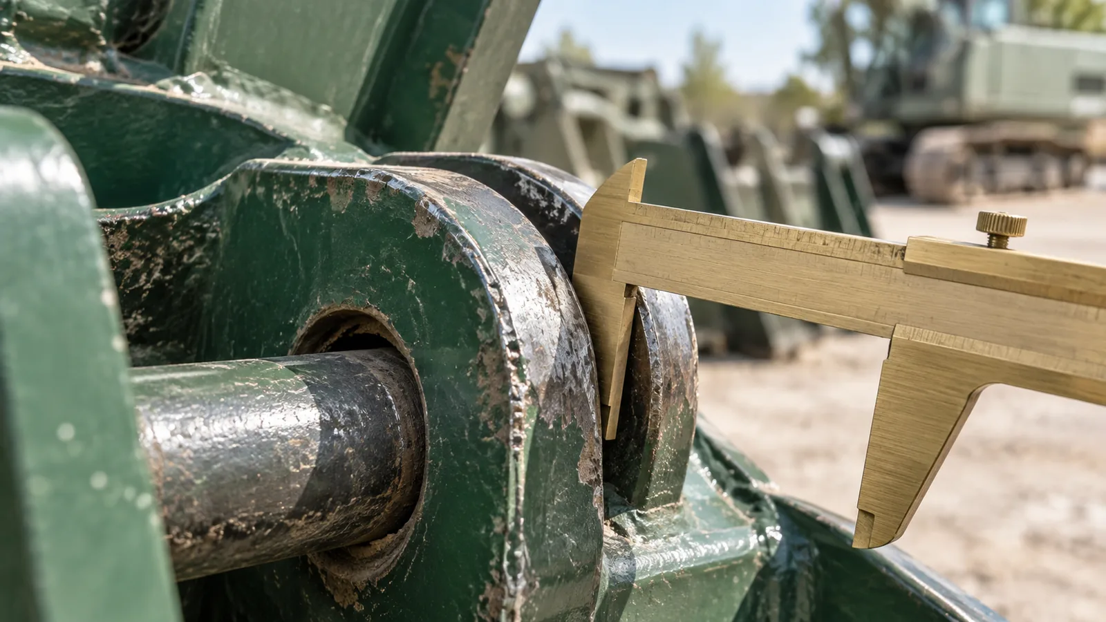 A brass caliper sharply measures the worn coupler edge of a forest-green machinery attachment in a sunlit outdoor equipment yard.