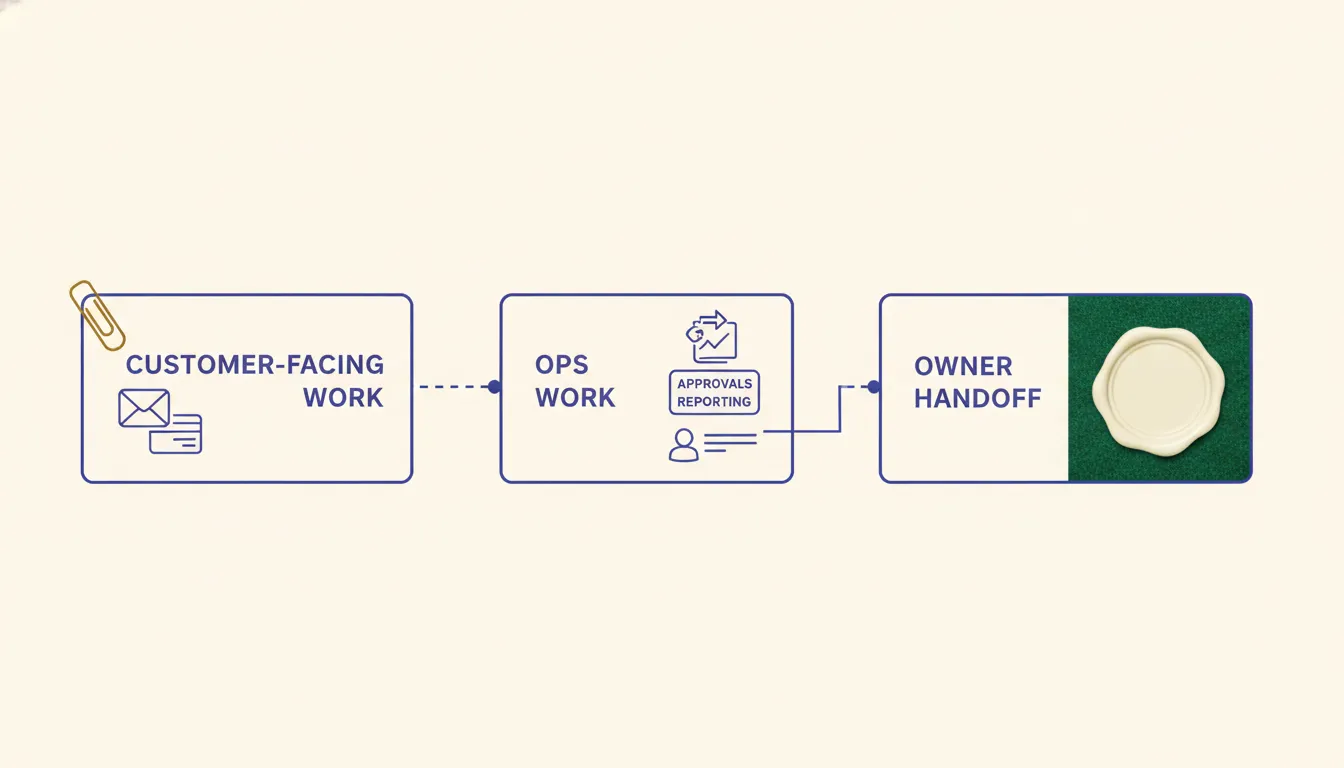 A handoff receipt has a routing clip but an empty acceptance space, separating delivery evidence from responsibility