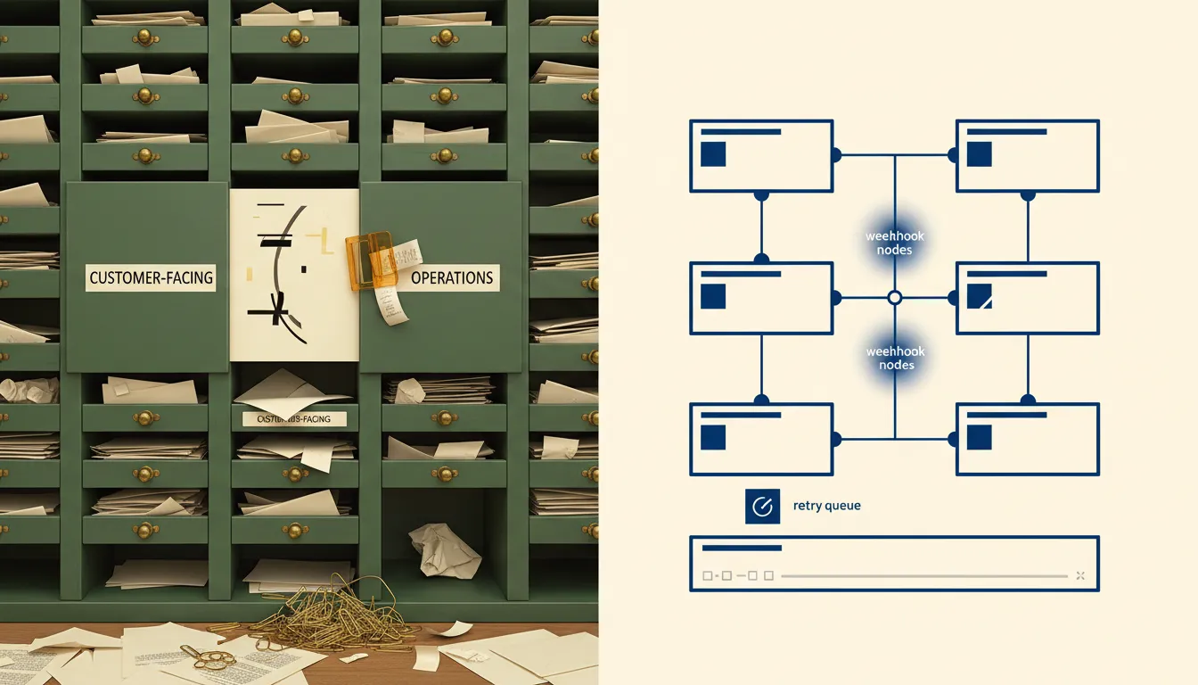 A paper task waits between office sorting compartments, showing the gap between routing work and accepting ownership