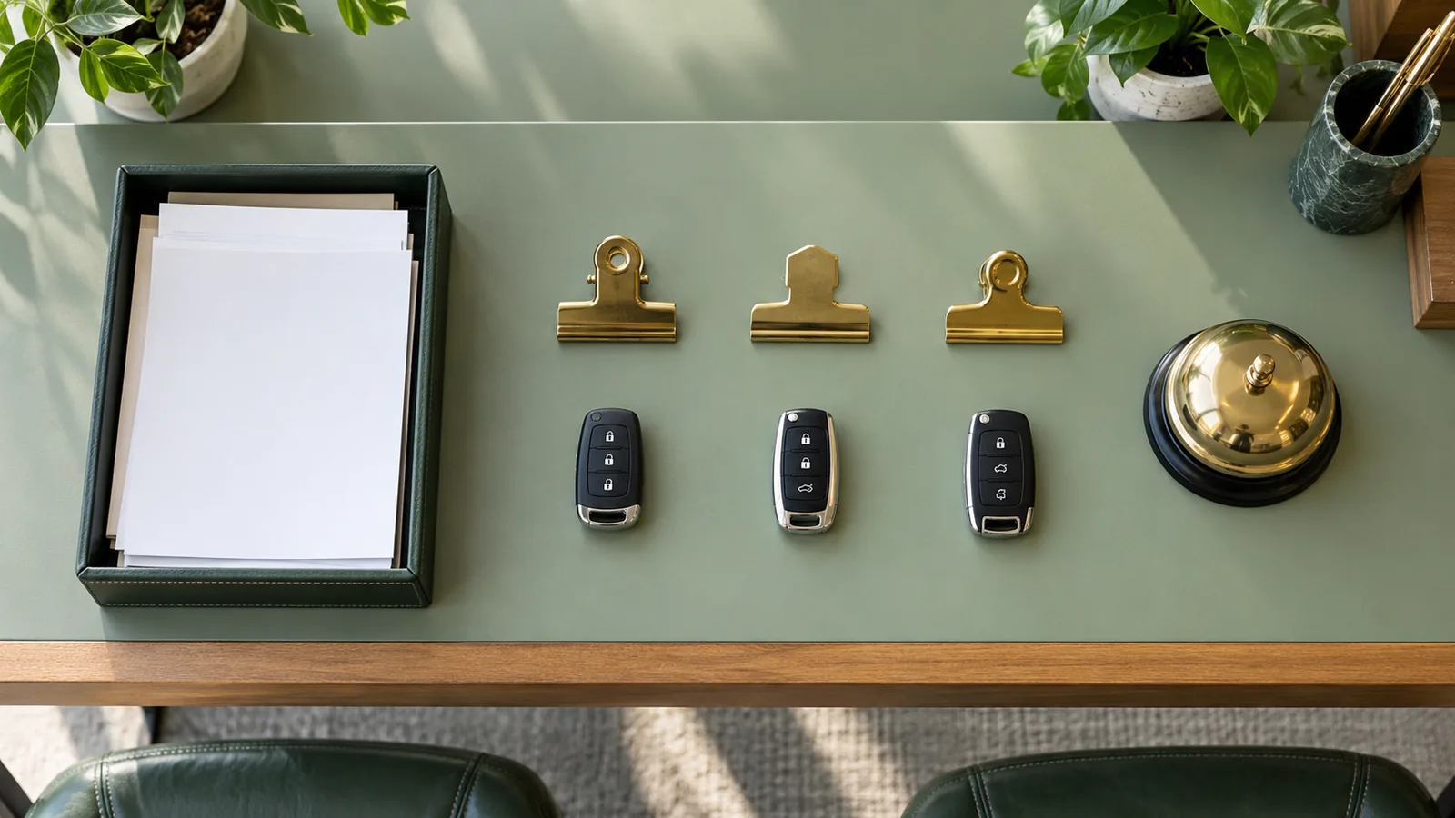 A top-down view shows a sage-green dealership consultation counter with an incoming-lead tray, three brass clips, vehicle keys, an appointment bell, and a warm wood edge in soft daylight.