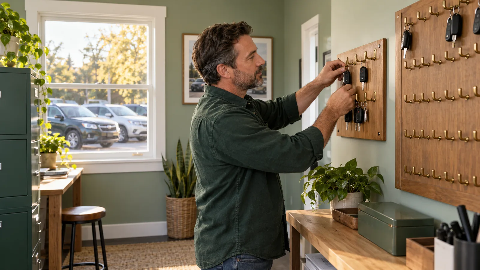 A used-car lot owner in a forest-green overshirt arranges keys on a small brass-hook wall board in a sage key room while used cars sit outside the white-framed window.