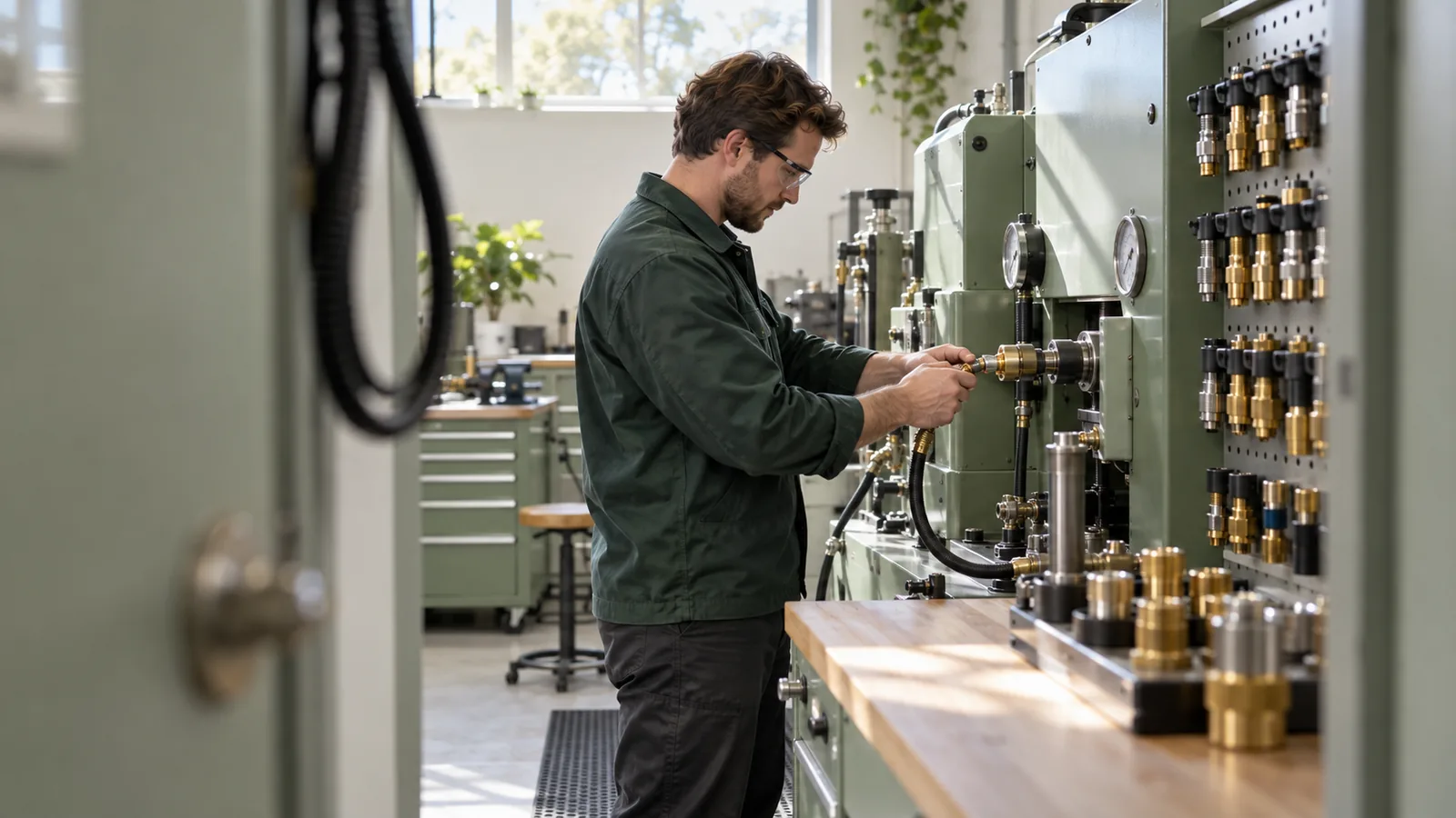 An equipment technician in a deep green work jacket tests a brass connector on sage-painted lab machinery while fittings hang nearby in bright afternoon light.