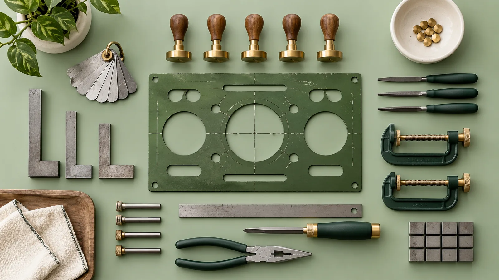 A shared workshop kit is arranged in an orderly overhead flat lay on a sage green surface, with a central green template, worn gauges, brass-handled stamps, and forest green tools spaced neatly around it.
