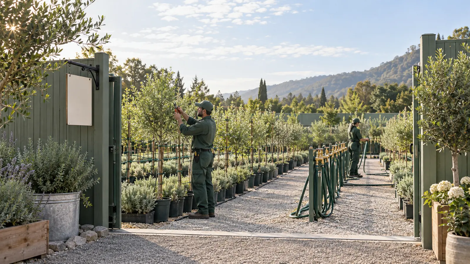 A bright nursery propagation yard entrance shows two grounds workers tending orderly rows of young trees, with a blank care guide by the gate and a brass hose manifold in soft morning light.