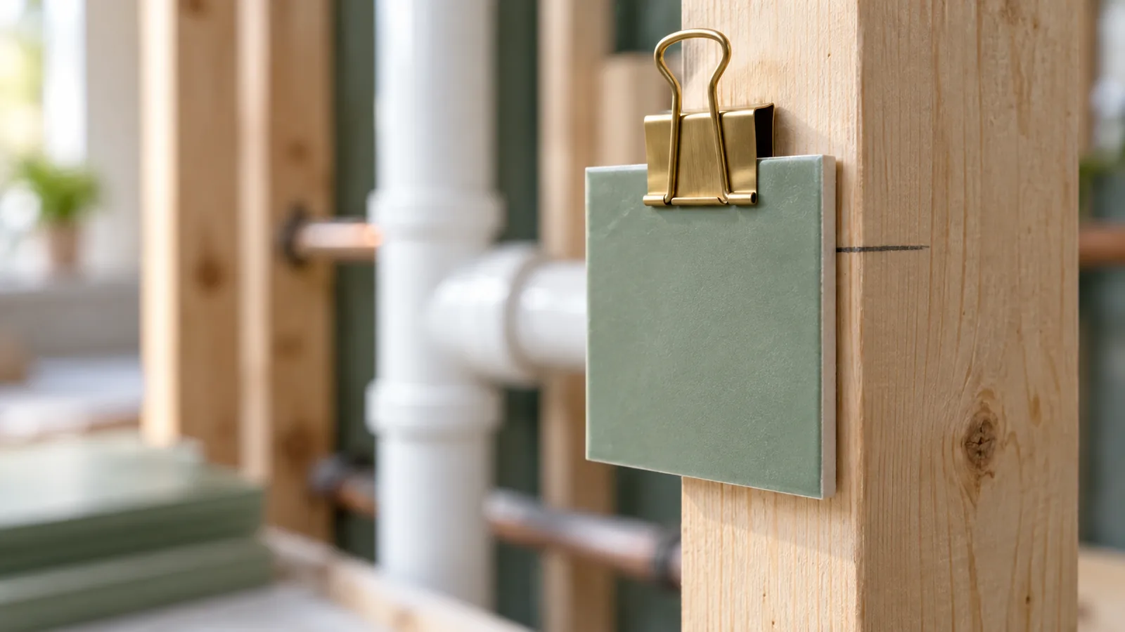 A brass clip holds a soft sage tile sample against a pale timber bathroom stud, with a pencil alignment mark beside it and blurred white plumbing in late-morning light.