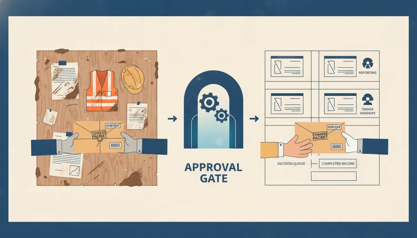 A muddy field evidence board passes a sealed change packet through an approval gate into an office planning wall