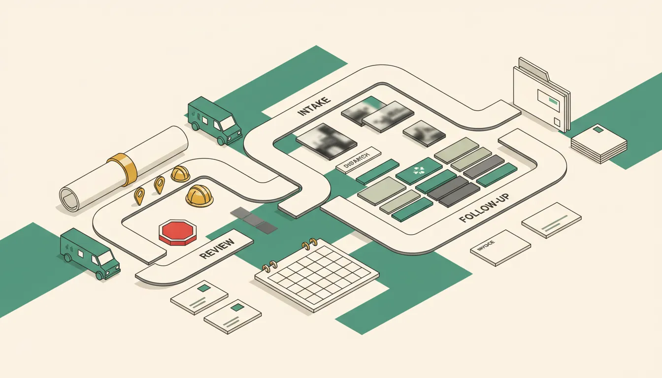 A contractor command table organizes blueprints, field evidence, approval markers, schedule tiles, and an invoice folder into one controlled workflow