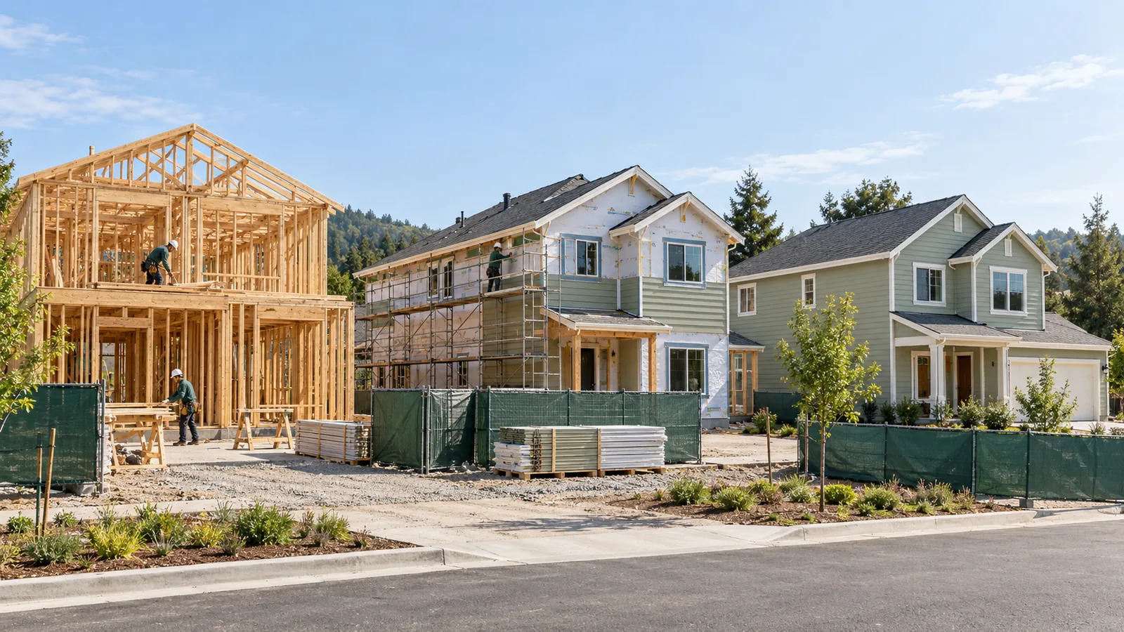 A wide morning view shows three neighboring homes progressing from wood framing to exterior finishing to a nearly complete sage-sided house behind forest green site fencing.