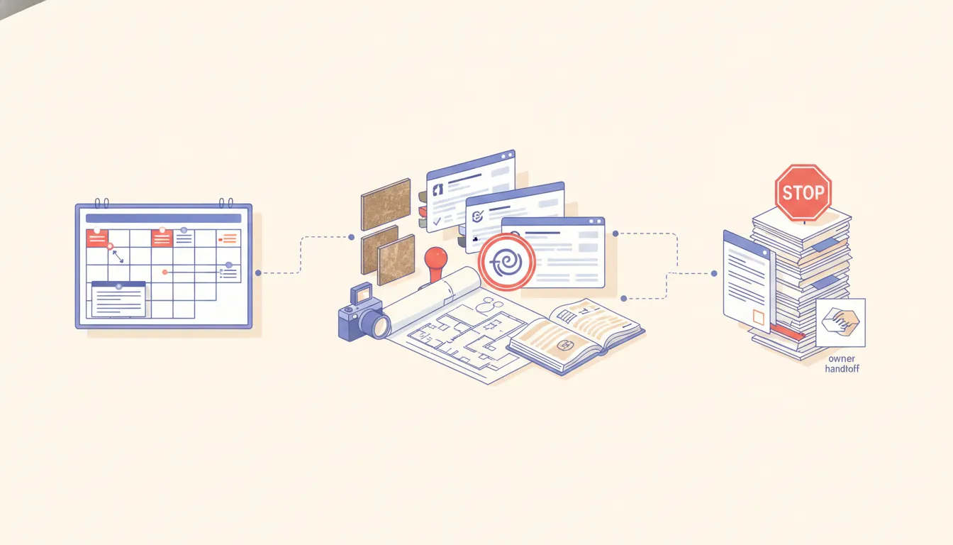 A remodeling change-order control bench with scope plans, material samples, approval evidence, cost records, and a stop condition
