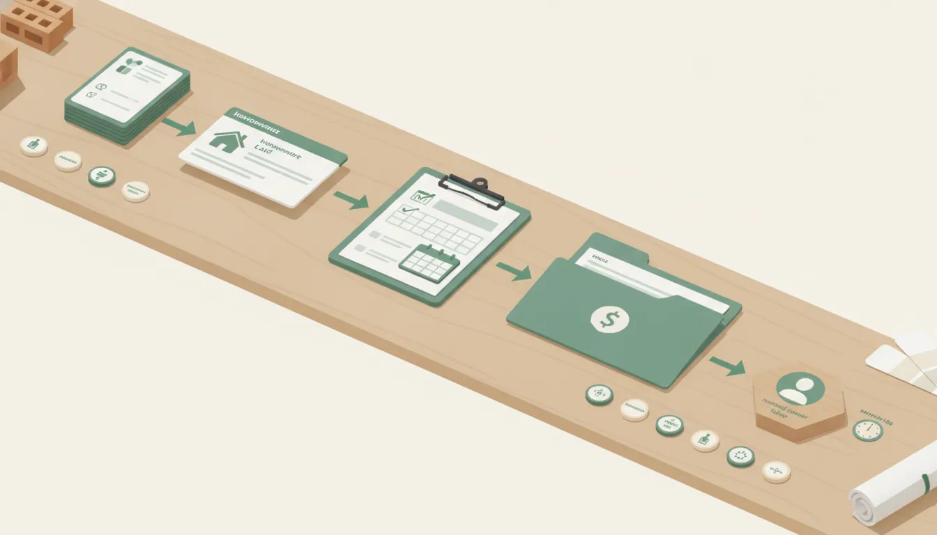 A homeowner inquiry, site visit, estimate folder, and named owner moving through a physical remodeling sales relay