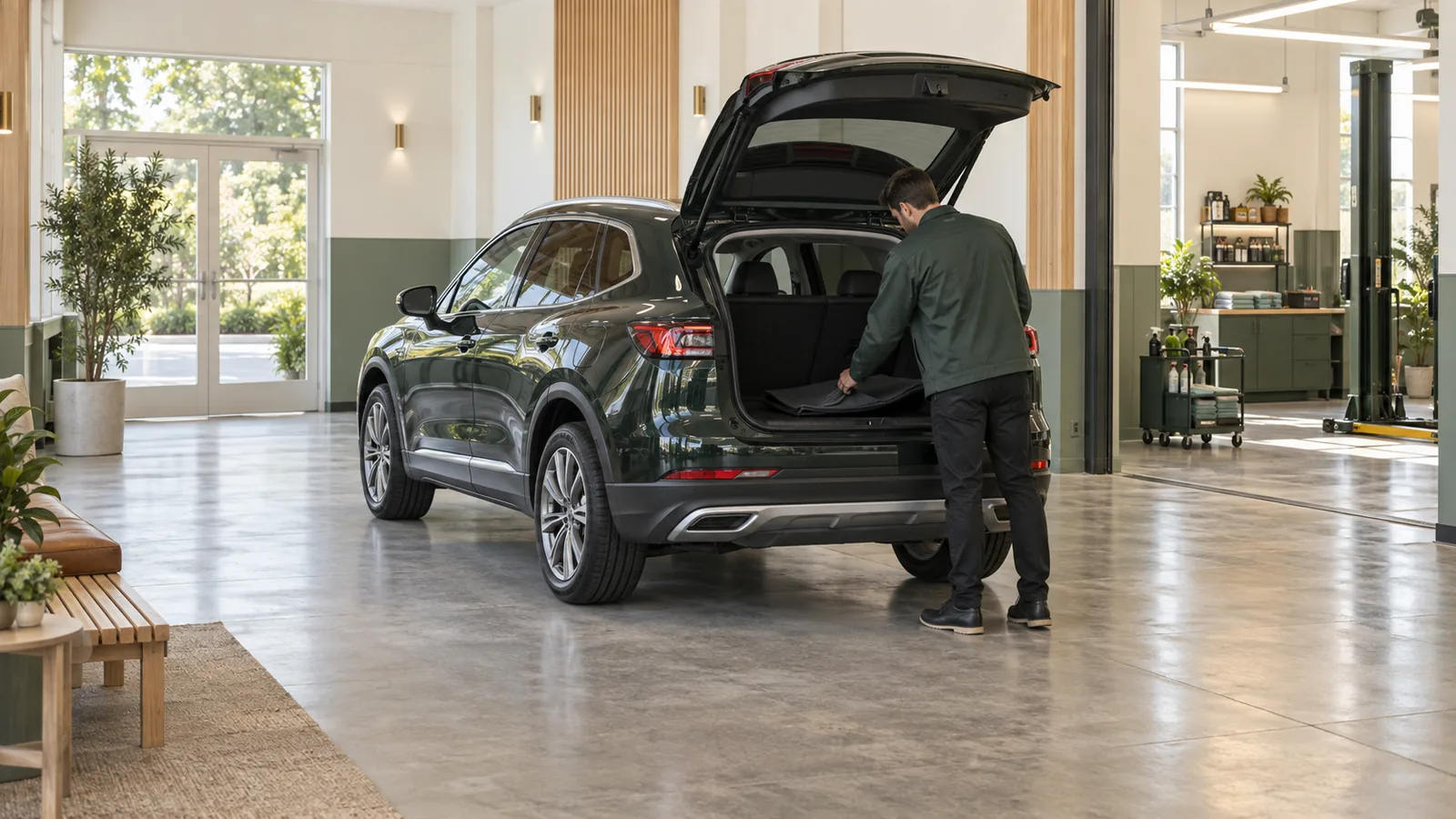 A salesperson in a forest-green jacket checks the open trunk of a clean used SUV in a bright sage-green delivery bay with an exit door, finishing area, folded cargo liner, white surfaces, and warm wood trim.