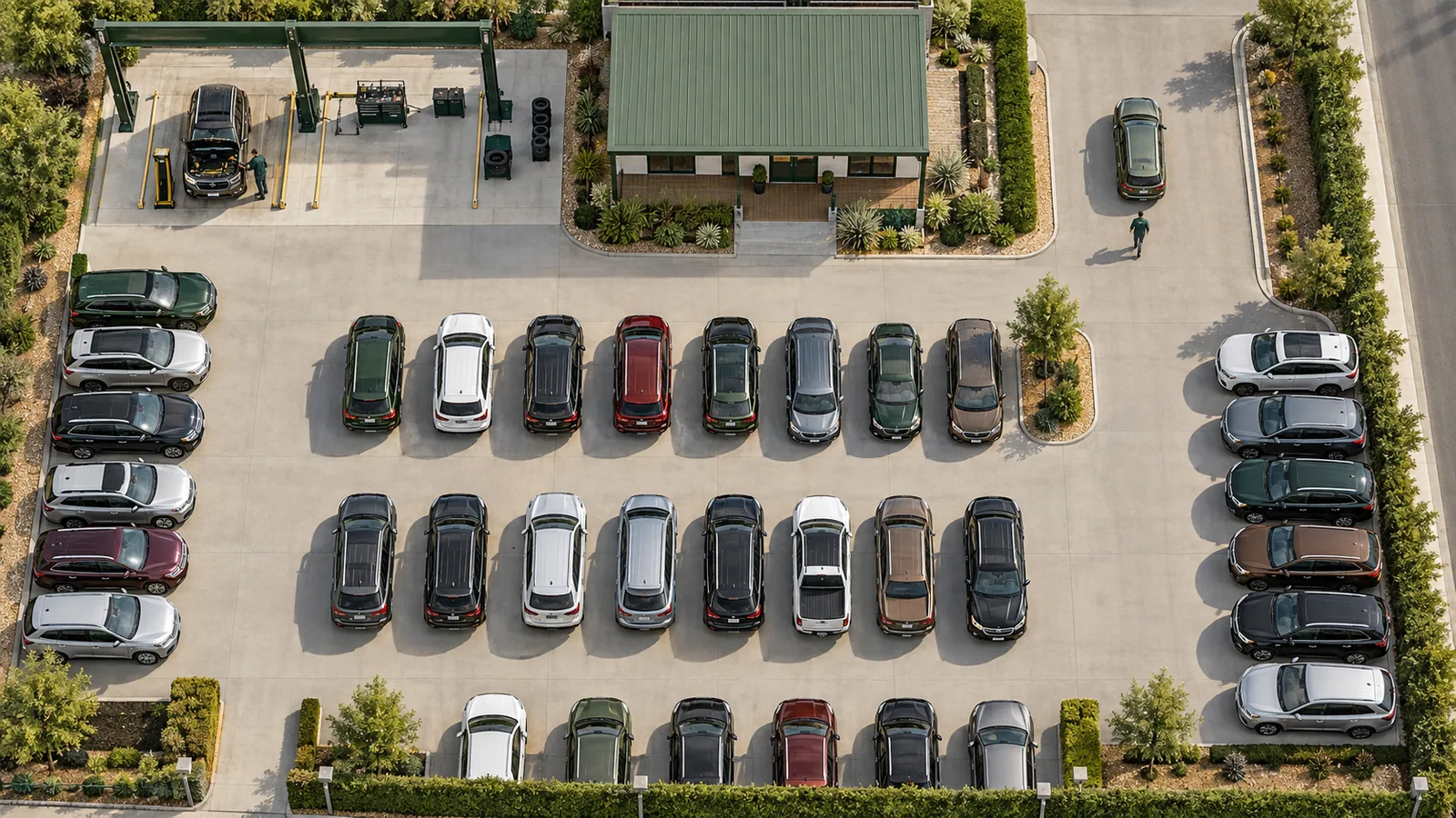 An overhead morning view shows a tidy used-car lot with display rows, an inspection area, a separated pickup lane, and one staff member walking toward a lone waiting vehicle.