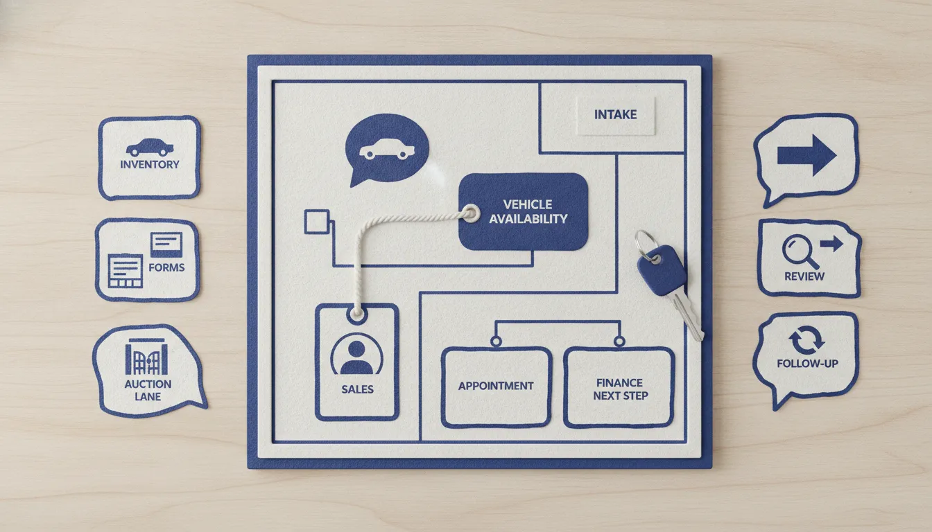 Top-down dealership handoff board connecting an inquiry card to an availability key tag, named salesperson, appointment slot, and finance next step