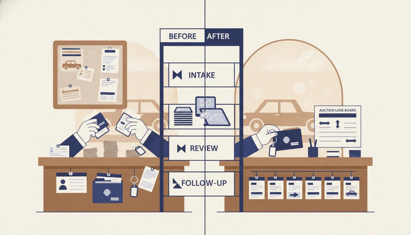 Independent dealership sales counter with lead cards, vehicle keys, owner tags, and finance folders moving through a controlled customer handoff