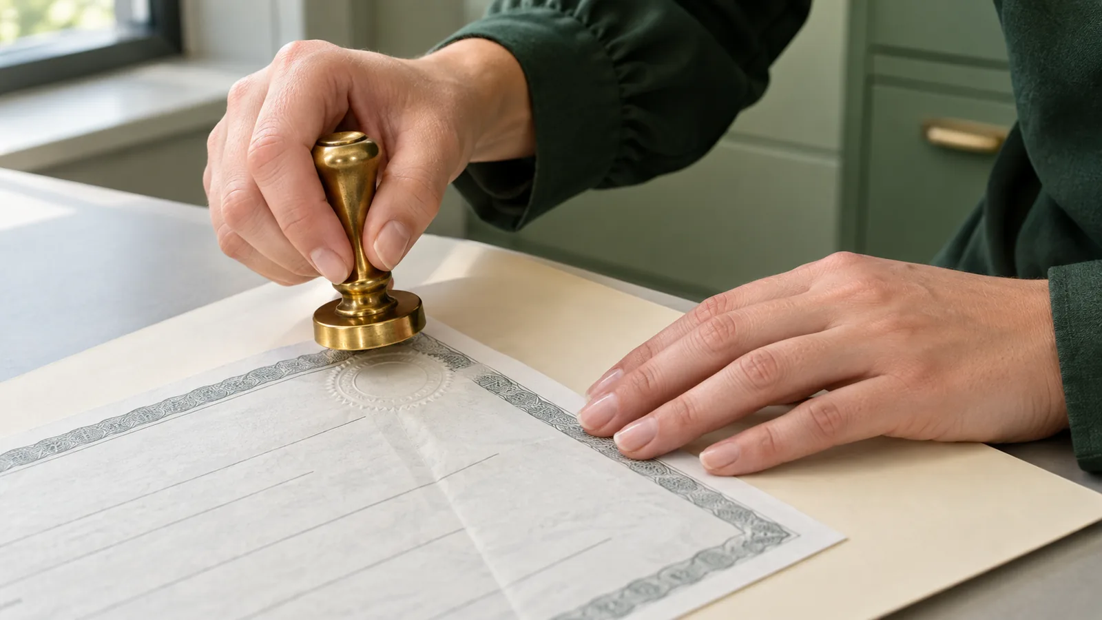 A title clerk's hands hold a creased vehicle title steady on a cream folder while a brass embossing seal is pressed onto one corner in clean daylight.