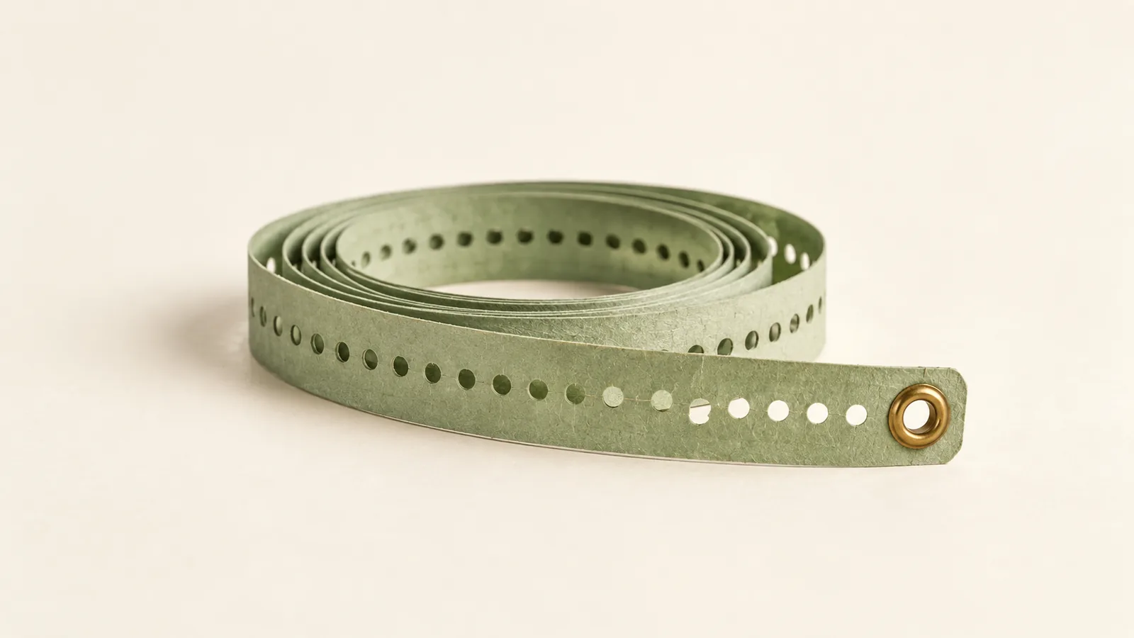 A pale sage punched-paper strip coils on a cream studio surface, with one subtle break in its hole pattern and a brass eyelet securing the loose end.