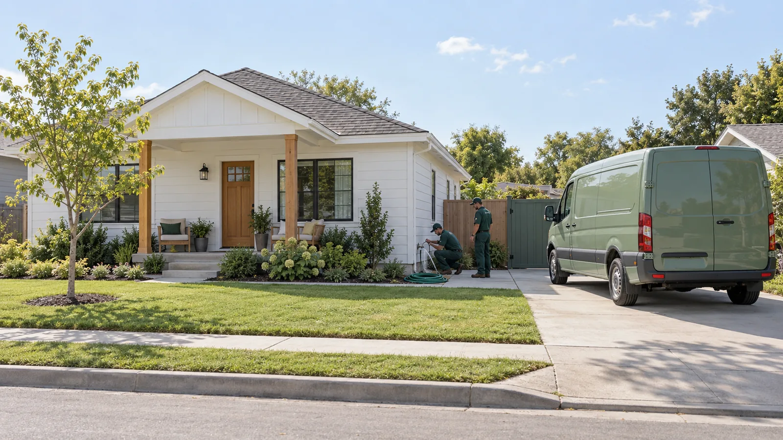 A wide daylight view shows a sage service van outside a white home while two technicians in forest-green workwear check a restored exterior spigot beside a coiled hose and closed side gate.